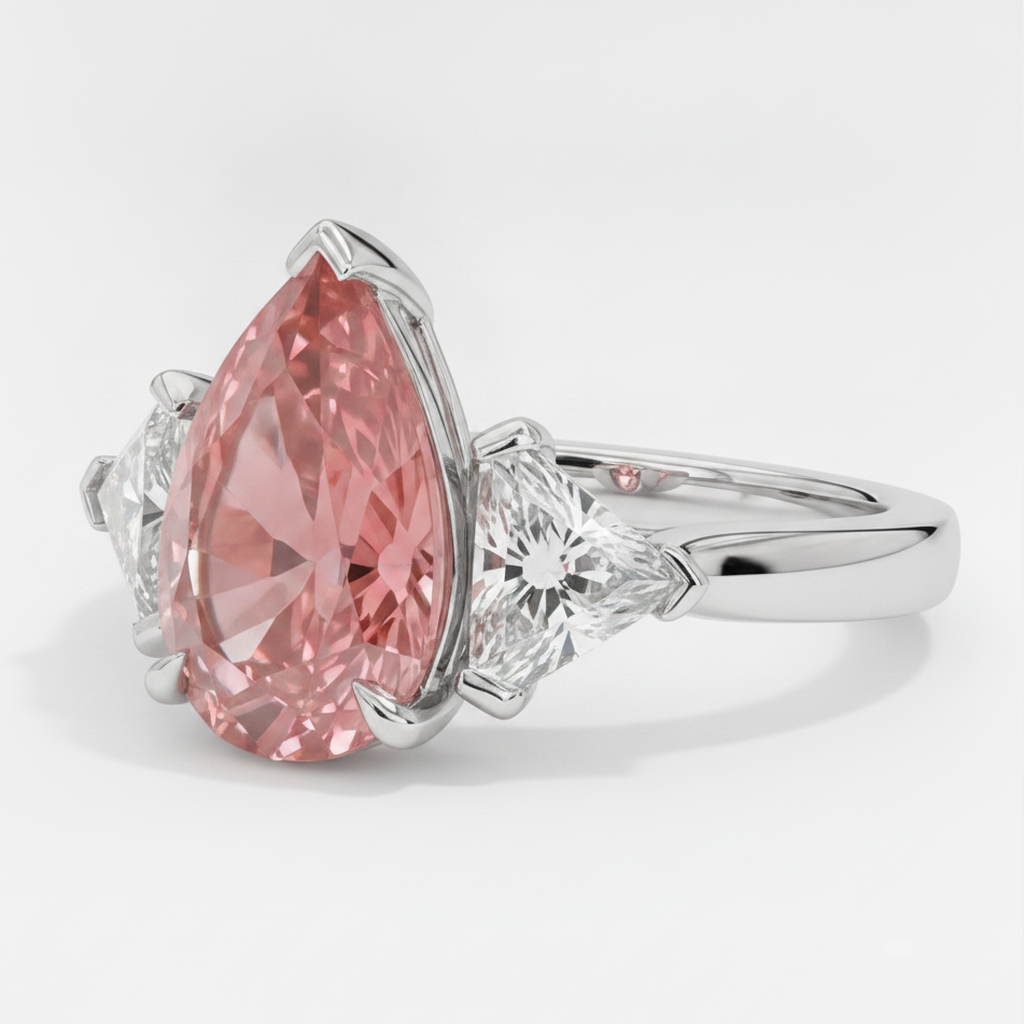 Padparadscha-Saphir-Dreisteinring aus Platin, 3,6 Karat, echter Tropfenschliff und weisse Trillanten