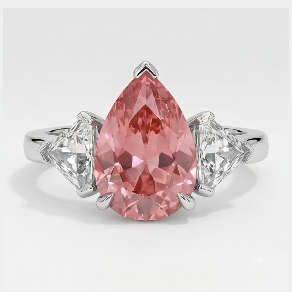Padparadscha-Saphir-Dreisteinring aus Platin, 3,6 Karat, echter Tropfenschliff und weisse Trillanten