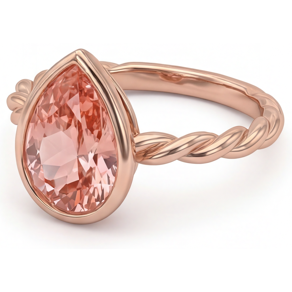 Natürlicher Pfirsich-Padparadscha-Saphir im Tropfenschliff, 2,5 Karat, Solitärring mit Lünette, 14K Roségold
