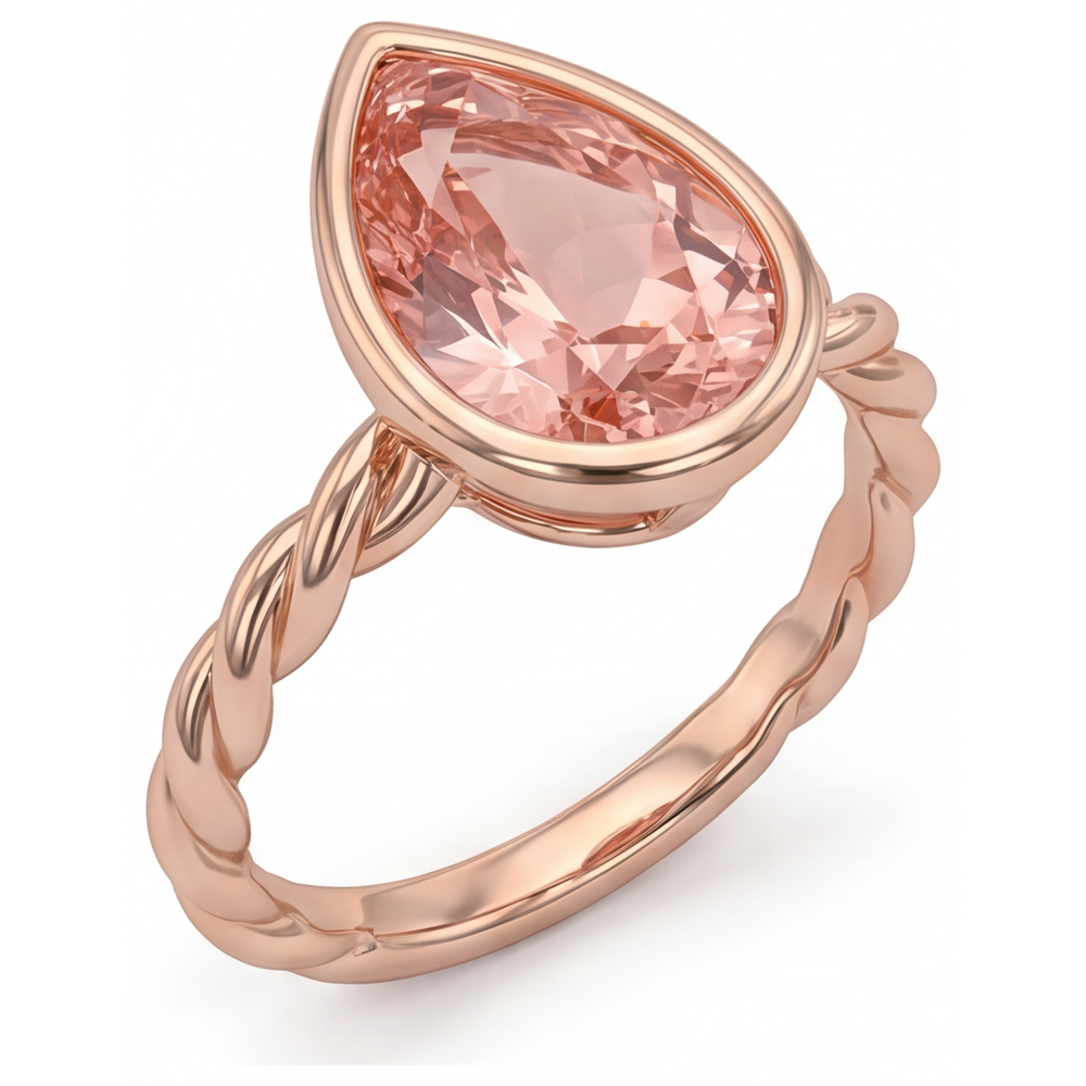 Natürlicher Pfirsich-Padparadscha-Saphir im Tropfenschliff, 2,5 Karat, Solitärring mit Lünette, 14K Roségold