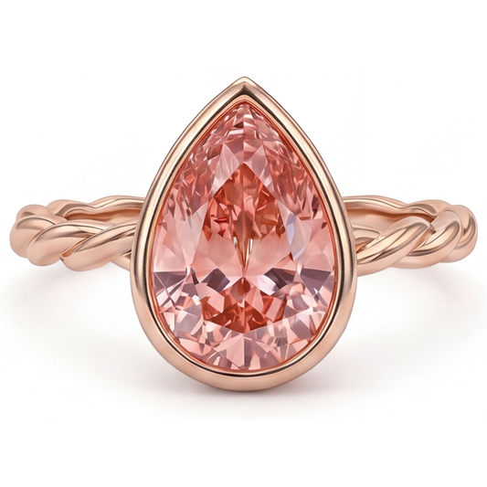 Natürlicher Pfirsich-Padparadscha-Saphir im Tropfenschliff, 2,5 Karat, Solitärring mit Lünette, 14K Roségold