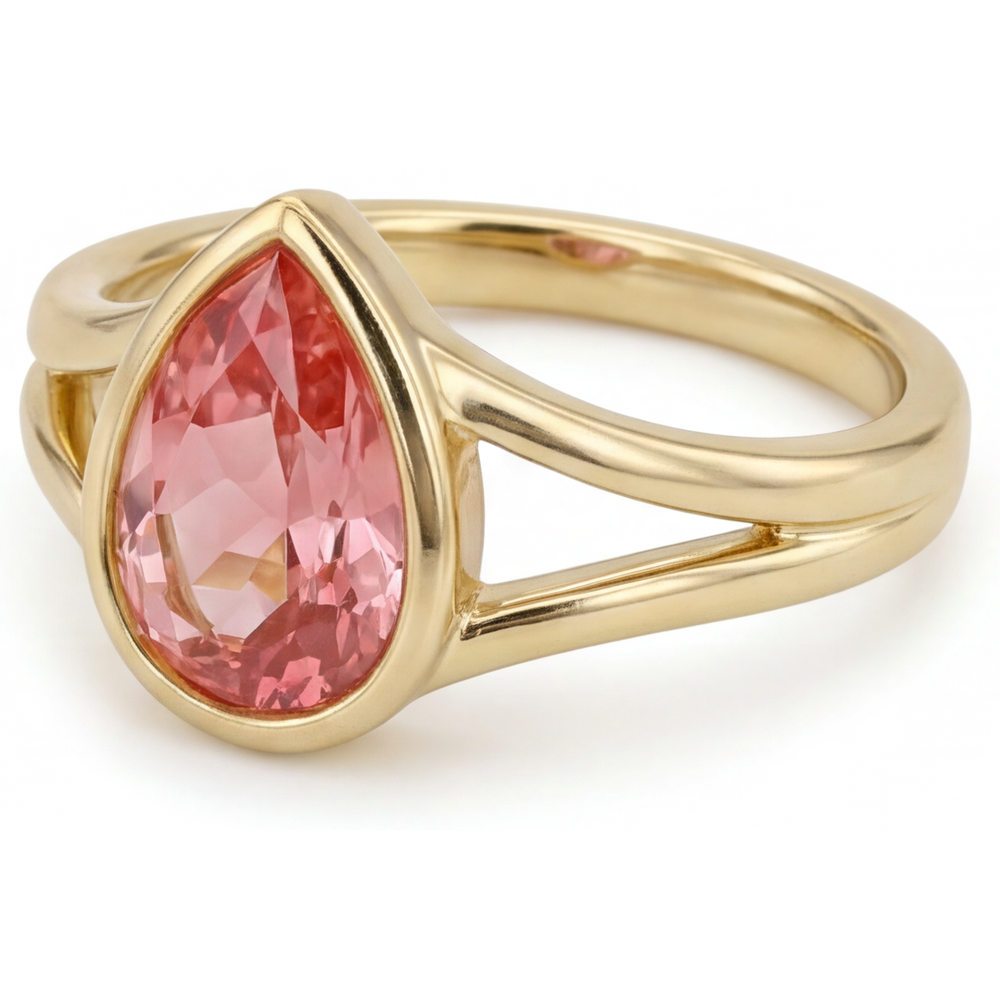 Echter pfirsichfarbener Padparadscha-Saphir im Tropfenschliff, 2 Karat, Solitärring mit Lünette aus 14 Karat Gelbgold