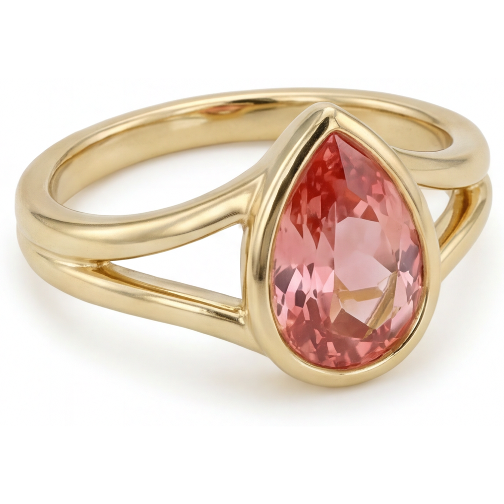 Echter pfirsichfarbener Padparadscha-Saphir im Tropfenschliff, 2 Karat, Solitärring mit Lünette aus 14 Karat Gelbgold