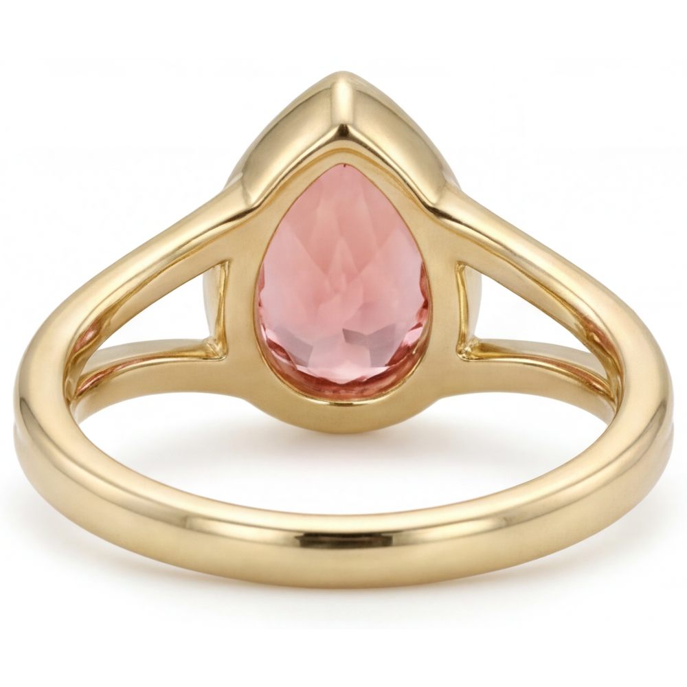 Echter pfirsichfarbener Padparadscha-Saphir im Tropfenschliff, 2 Karat, Solitärring mit Lünette aus 14 Karat Gelbgold
