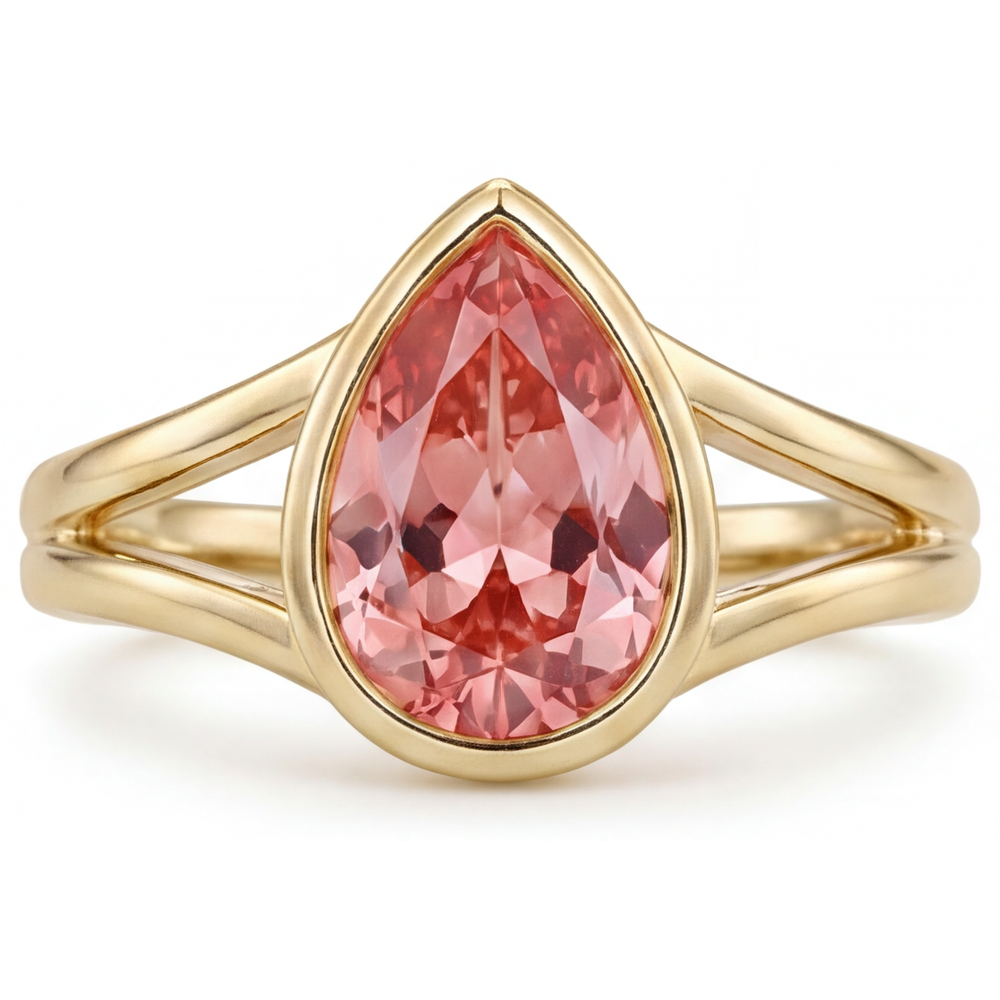 Echter pfirsichfarbener Padparadscha-Saphir im Tropfenschliff, 2 Karat, Solitärring mit Lünette aus 14 Karat Gelbgold