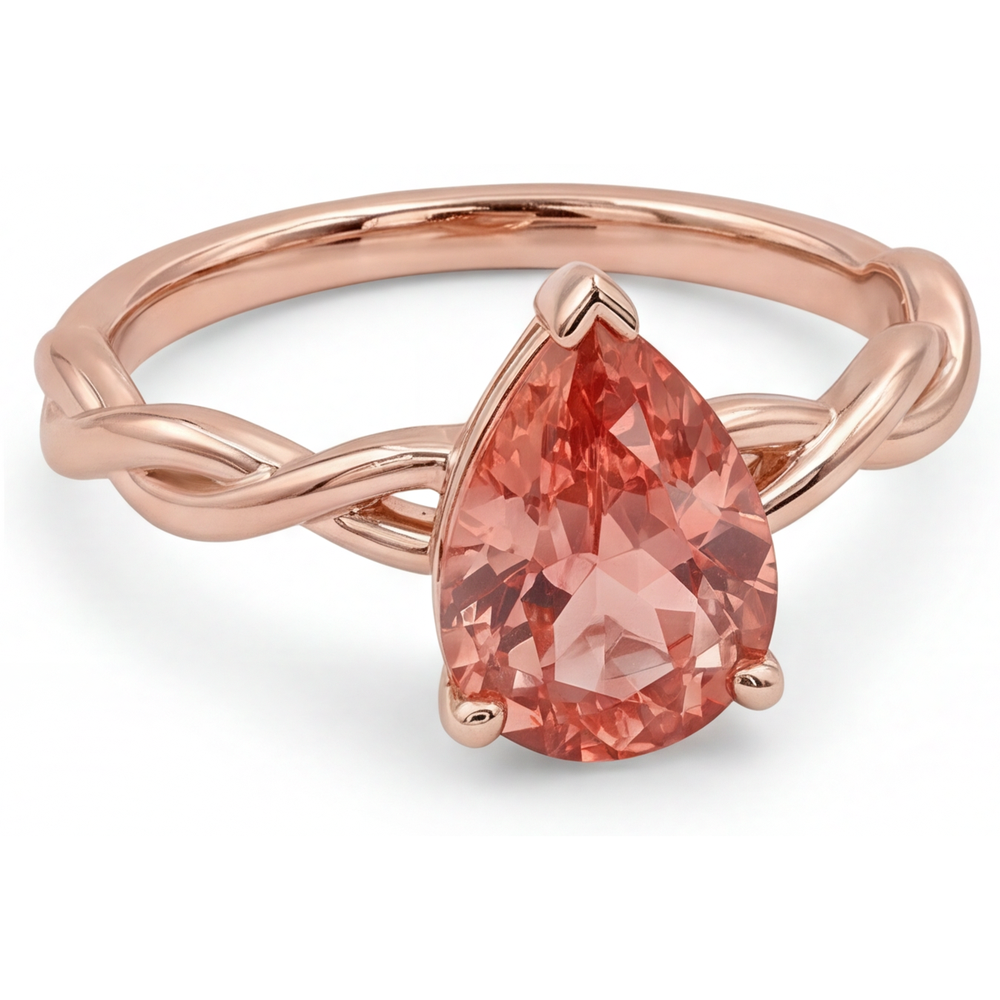 Echter pfirsichrosa Padparadscha-Saphir Solitärring im Tropfenschliff, 2 Karat, 14 Karat Roségold
