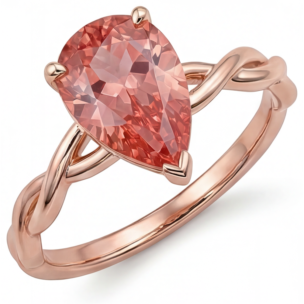 Echter pfirsichrosa Padparadscha-Saphir Solitärring im Tropfenschliff, 2 Karat, 14 Karat Roségold