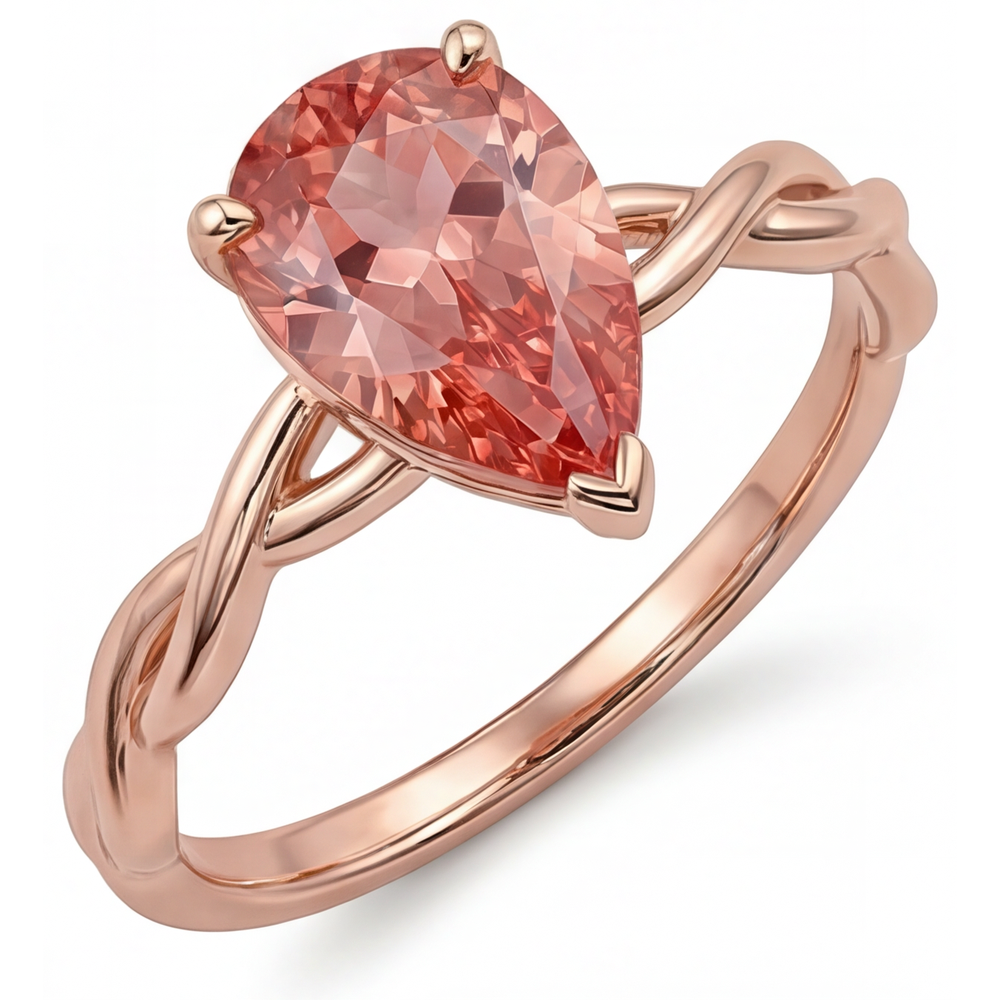 Echter pfirsichrosa Padparadscha-Saphir Solitärring im Tropfenschliff, 2 Karat, 14 Karat Roségold