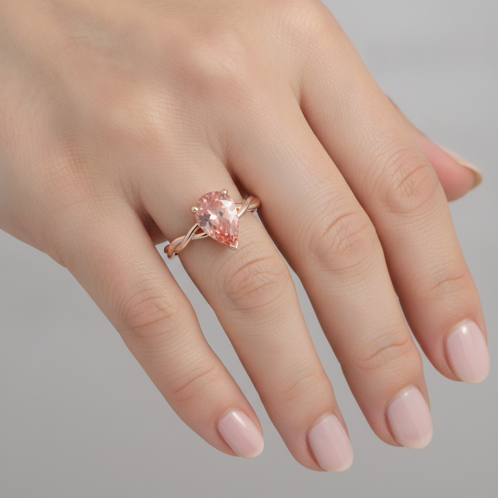Echter pfirsichrosa Padparadscha-Saphir Solitärring im Tropfenschliff, 2 Karat, 14 Karat Roségold