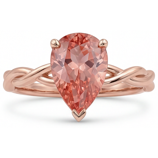Echter pfirsichrosa Padparadscha-Saphir Solitärring im Tropfenschliff, 2 Karat, 14 Karat Roségold