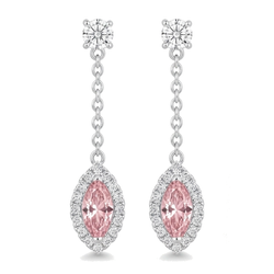 Lange Tropfenohrringe mit rosa Diamant, 2,5 Karat, im Labor gezüchtet, Marquise Halo, 14 Karat Weißgold