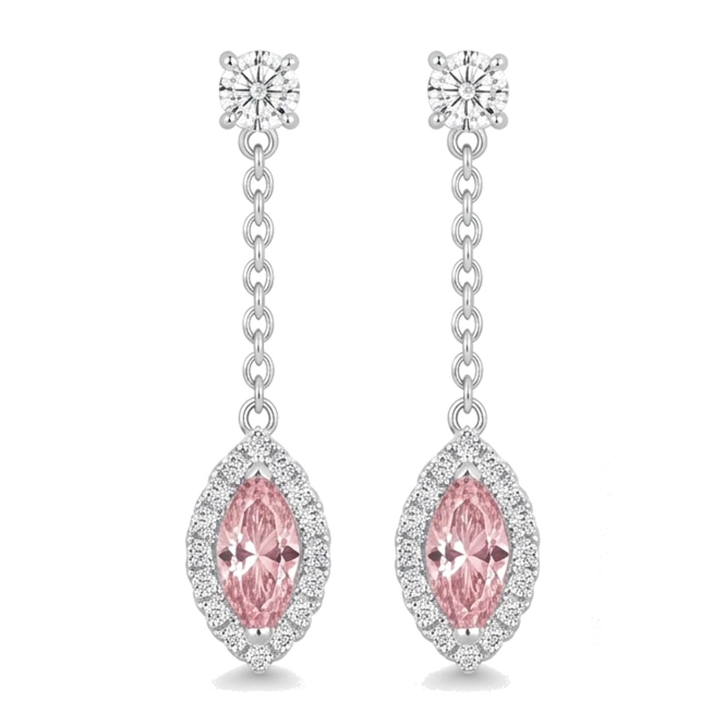 Lange Tropfenohrringe mit rosa Diamant, 2,5 Karat, im Labor gezüchtet, Marquise Halo, 14 Karat Weißgold