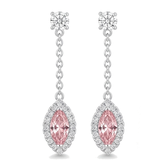 Lange Tropfenohrringe mit rosa Diamant, 2,5 Karat, im Labor gezüchtet, Marquise Halo, 14 Karat Weißgold