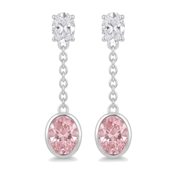 Lange Tropfen-Hängeohrringe mit rosa Diamanten 2,5 Karat im Labor gezüchtet Oval Lünette 14 Karat Weißgold