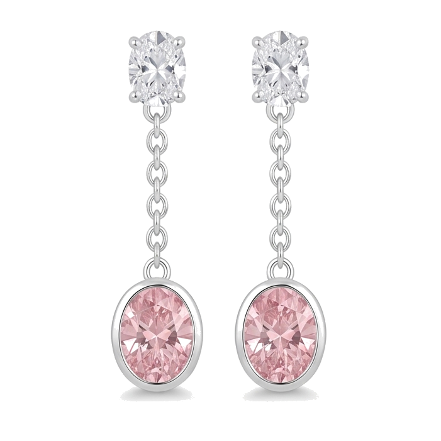 Lange Tropfen-Hängeohrringe mit rosa Diamanten 2,5 Karat im Labor gezüchtet Oval Lünette 14 Karat Weißgold