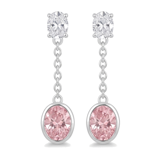 Lange Tropfen-Hängeohrringe mit rosa Diamanten 2,5 Karat im Labor gezüchtet Oval Lünette 14 Karat Weißgold