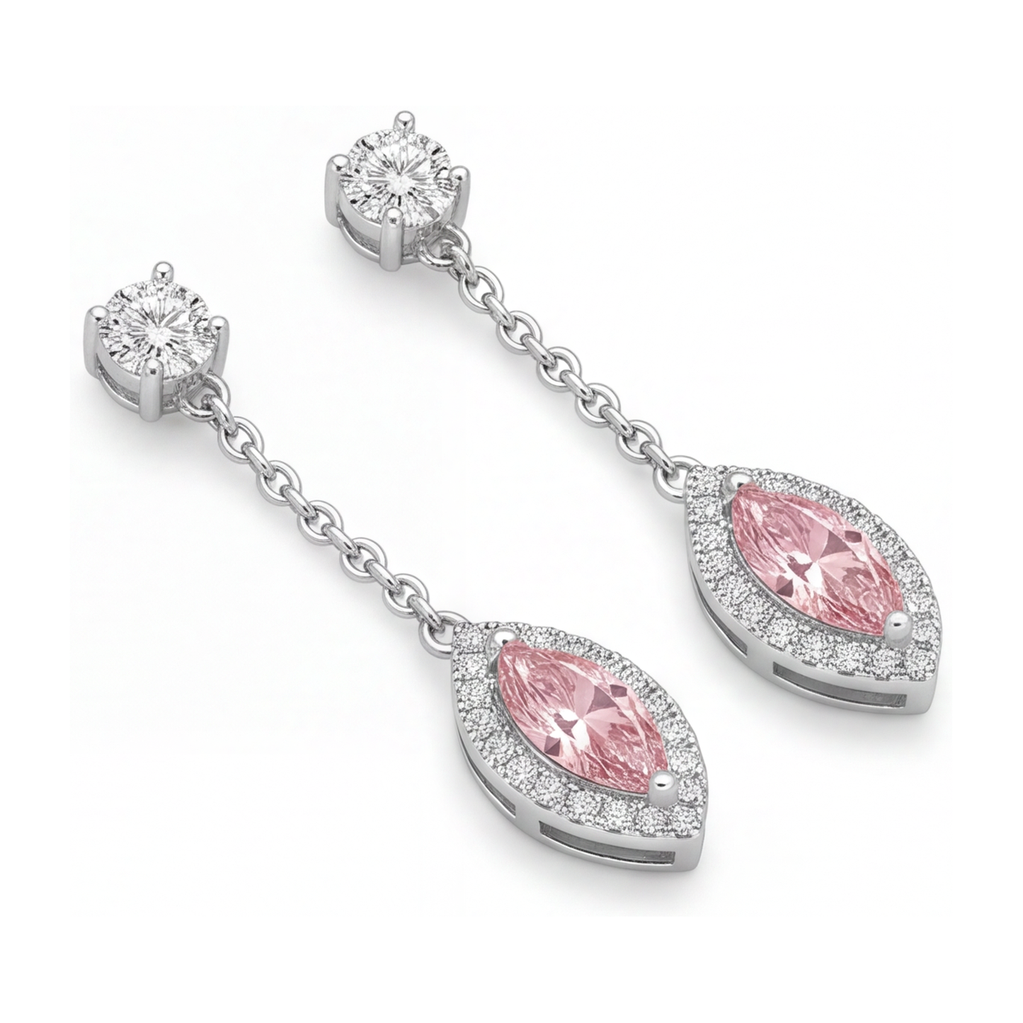 Lange Tropfenohrringe mit rosa Diamant, 2,5 Karat, im Labor gezüchtet, Marquise Halo, 14 Karat Weißgold