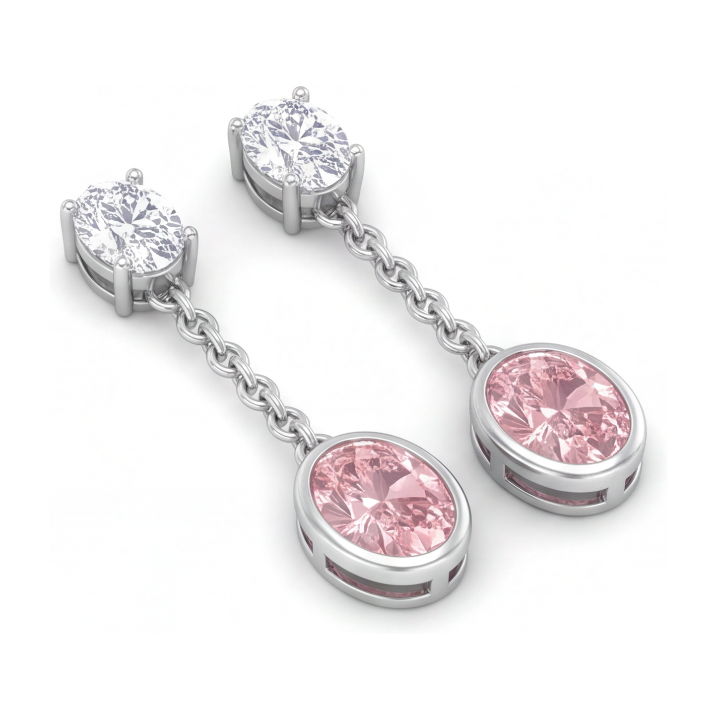 Lange Tropfen-Hängeohrringe mit rosa Diamanten 2,5 Karat im Labor gezüchtet Oval Lünette 14 Karat Weißgold