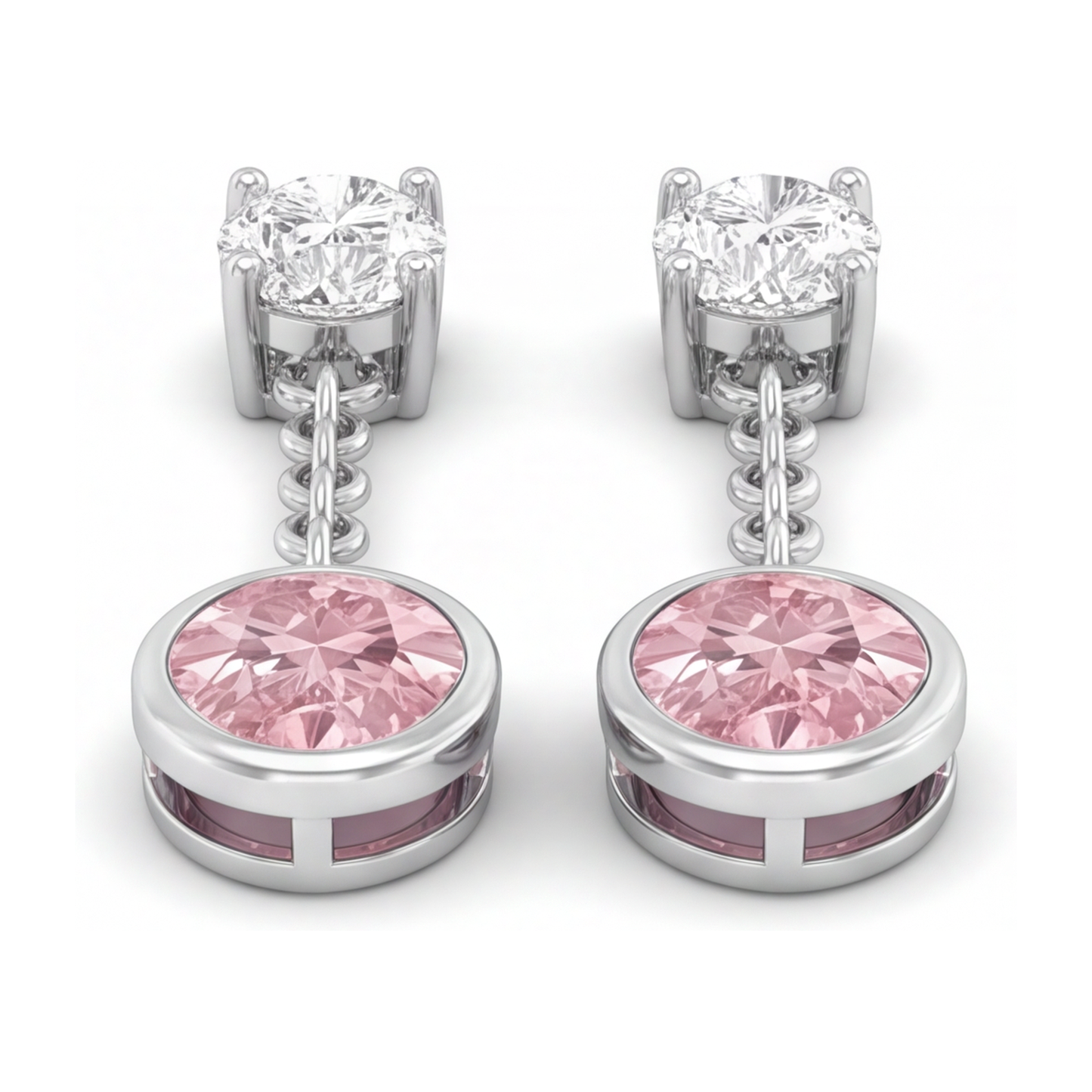 Lange Tropfen-Hängeohrringe mit rosa Diamanten 2,5 Karat im Labor gezüchtet Oval Lünette 14 Karat Weißgold