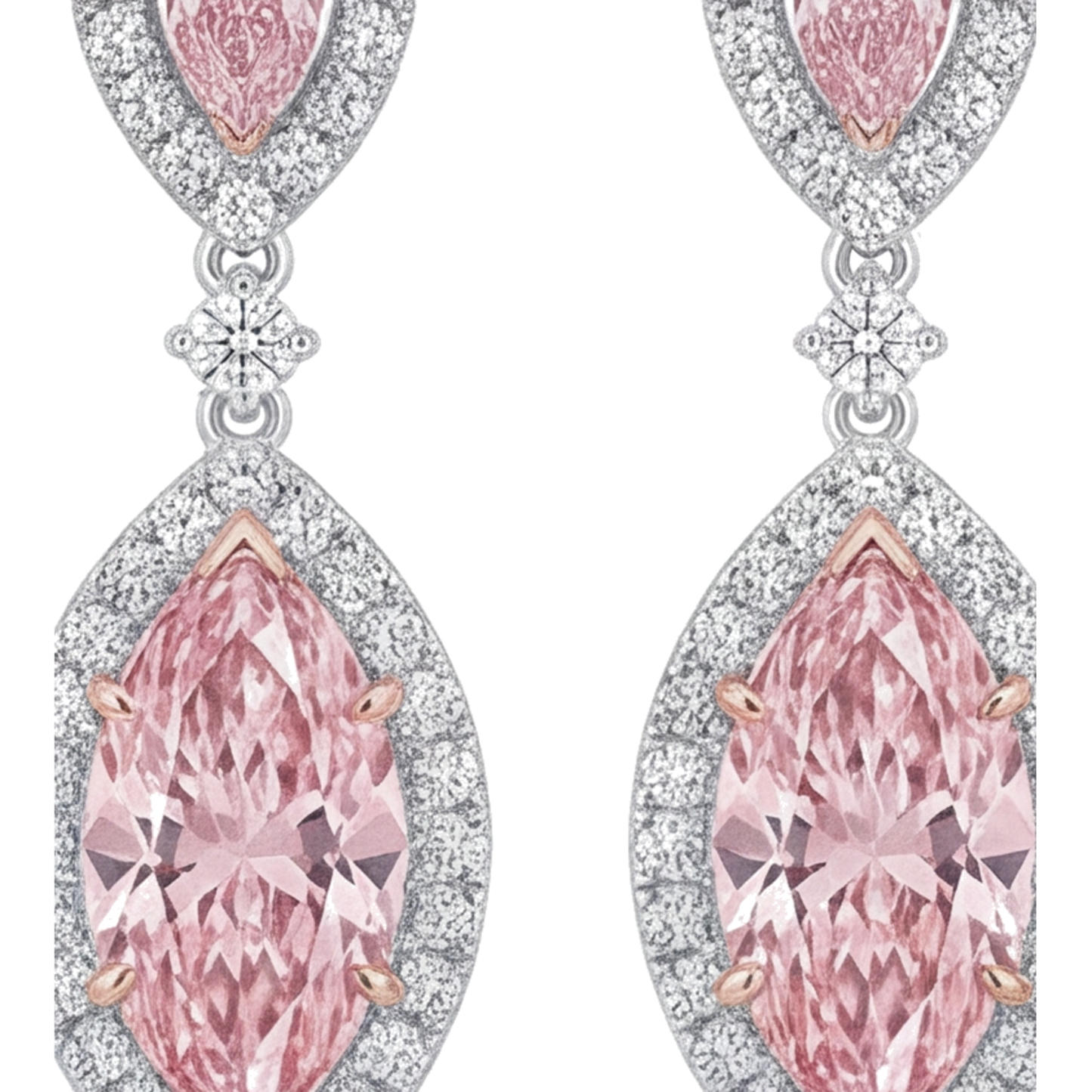 Rosa Diamant Ohrhänger 3,5 Karat im Labor gezüchtet Marquise Halo 14 Karat Weißgold