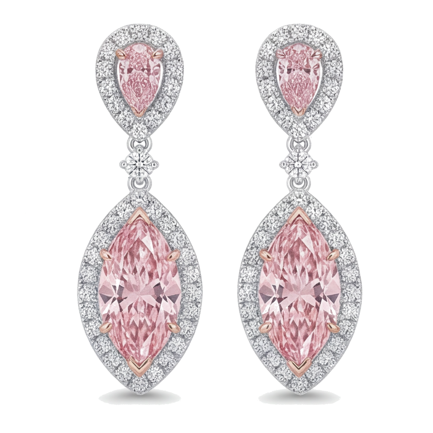 Rosa Diamant Ohrhänger 3,5 Karat im Labor gezüchtet Marquise Halo 14 Karat Weißgold