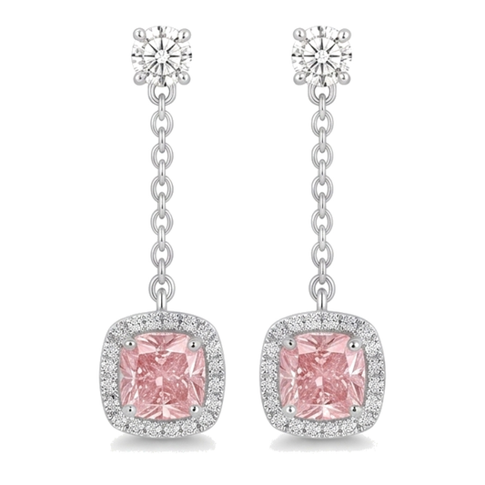 Tropfen-Ohrhänger mit rosa Diamanten 3 Karat im Labor gezüchtet Kissenschliff Halo 14 Karat Weißgold