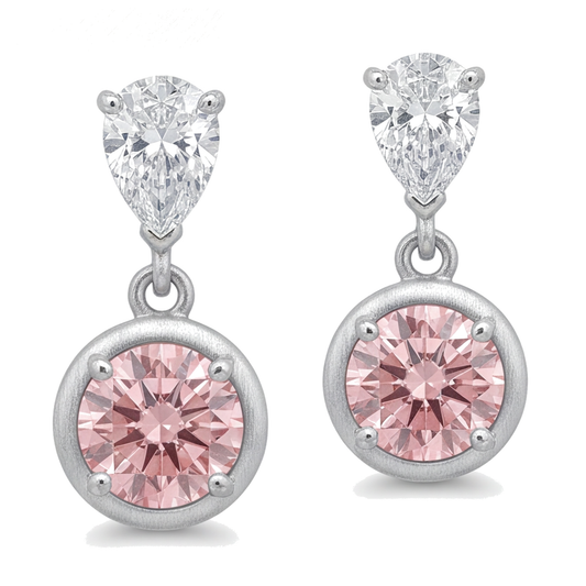 Ohrhänger mit rosa Diamanten, 3 Karat, im Labor gezüchtet, runde Lünette, tropfenförmiges Oberteil, 14 Karat Weißgold