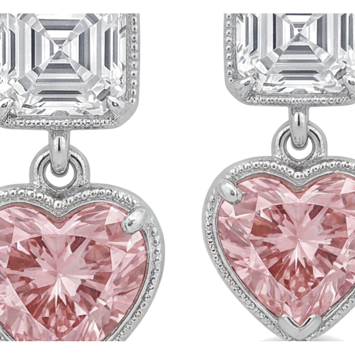 Ohrhänger mit rosa Diamanten, 4,5 Karat, im Labor gezüchtet, Herzform mit Milgrain-Verzierung, Asscher-Oberteile, 14 Karat Weißgold