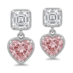 Ohrhänger mit rosa Diamanten, 4,5 Karat, im Labor gezüchtet, Herzform mit Milgrain-Verzierung, Asscher-Oberteile, 14 Karat Weißgold