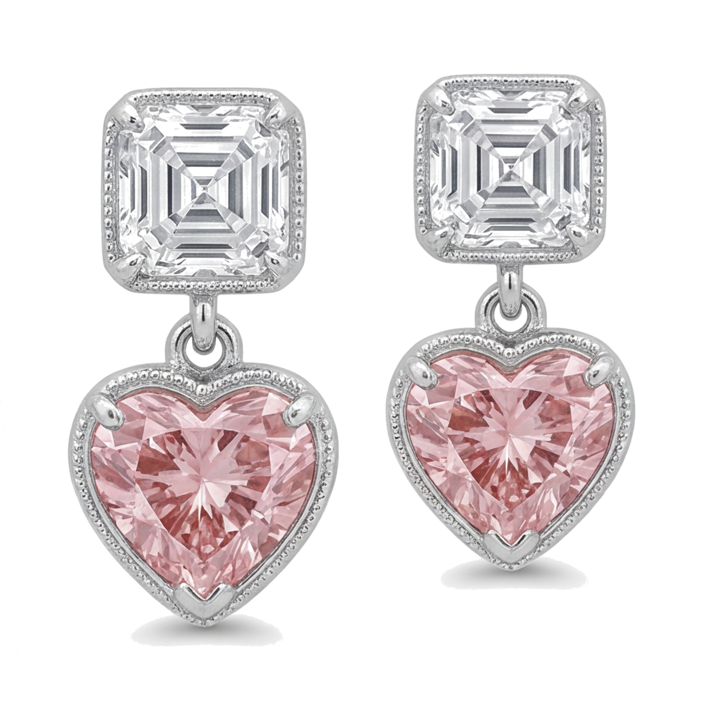 Ohrhänger mit rosa Diamanten, 4,5 Karat, im Labor gezüchtet, Herzform mit Milgrain-Verzierung, Asscher-Oberteile, 14 Karat Weißgold