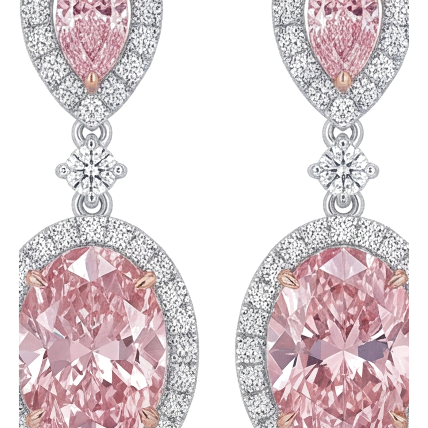 Ohrhänger mit rosa Diamanten, 4,5 Karat, im Labor gezüchtet, ovaler Halo, Birnenschliff-Oberteil, 14 Karat Weißgold