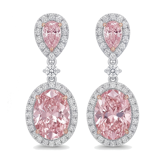 Ohrhänger mit rosa Diamanten, 4,5 Karat, im Labor gezüchtet, ovaler Halo, Birnenschliff-Oberteil, 14 Karat Weißgold