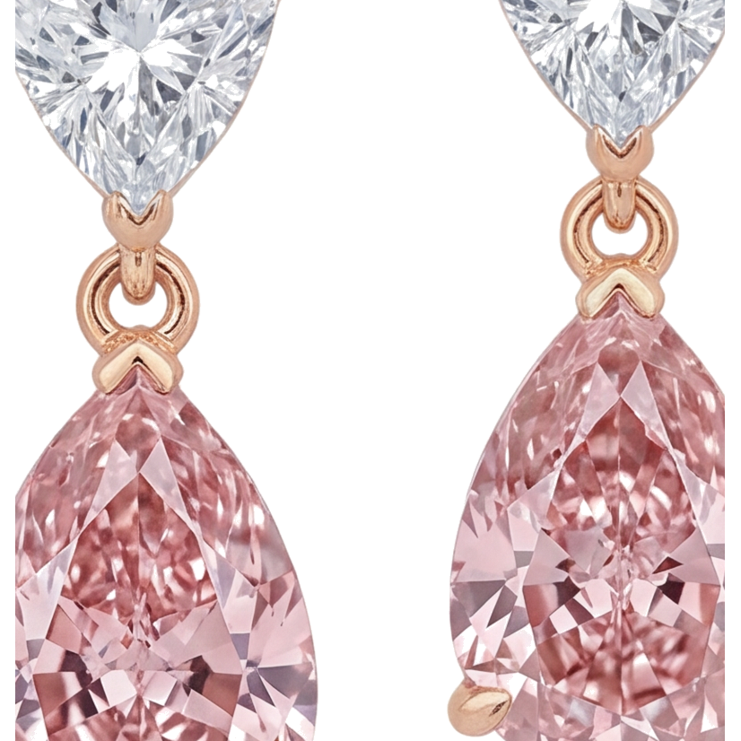 Ohrhänger mit rosa Diamanten 4,5 Karat im Labor gezüchtet Tropfen und Trillant-Oberteil 14 Karat Bicolor Rosé- und Weißgold