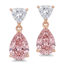 Ohrhänger mit rosa Diamanten 4,5 Karat im Labor gezüchtet Tropfen und Trillant-Oberteil 14 Karat Bicolor Rosé- und Weißgold