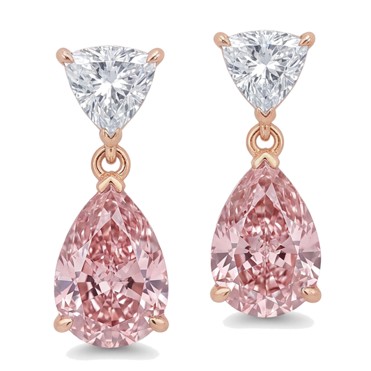 Ohrhänger mit rosa Diamanten 4,5 Karat im Labor gezüchtet Tropfen und Trillant-Oberteil 14 Karat Bicolor Rosé- und Weißgold