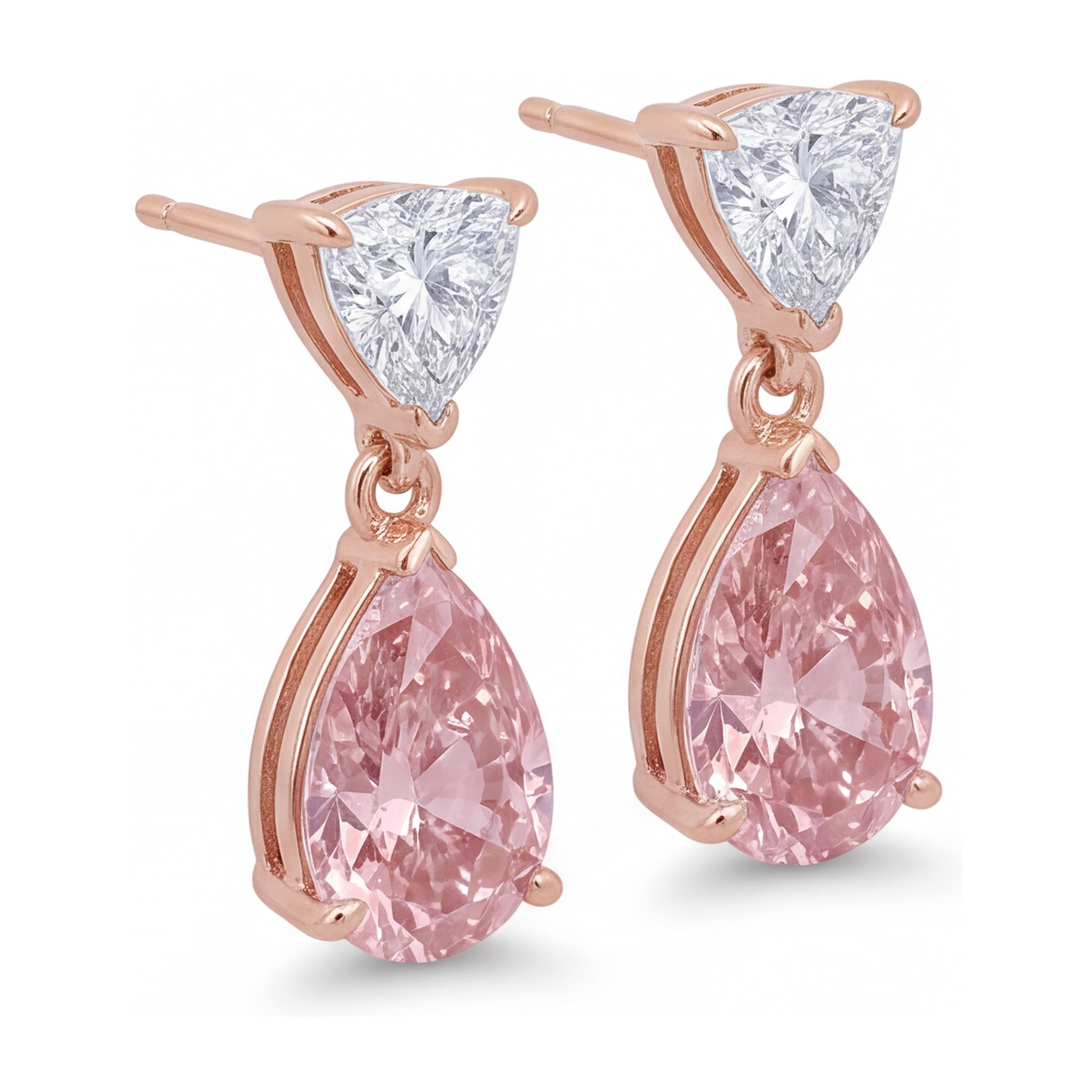 Ohrhänger mit rosa Diamanten 4,5 Karat im Labor gezüchtet Tropfen und Trillant-Oberteil 14 Karat Bicolor Rosé- und Weißgold