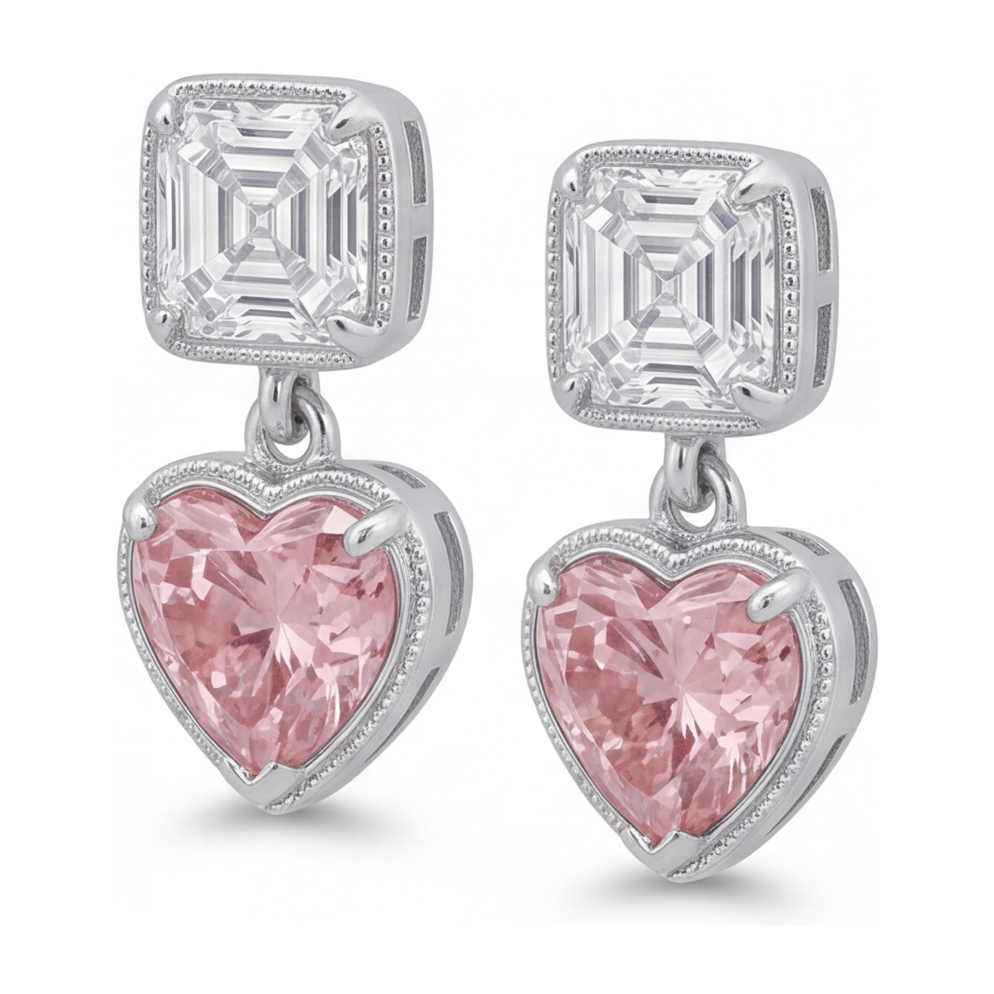 Ohrhänger mit rosa Diamanten, 4,5 Karat, im Labor gezüchtet, Herzform mit Milgrain-Verzierung, Asscher-Oberteile, 14 Karat Weißgold