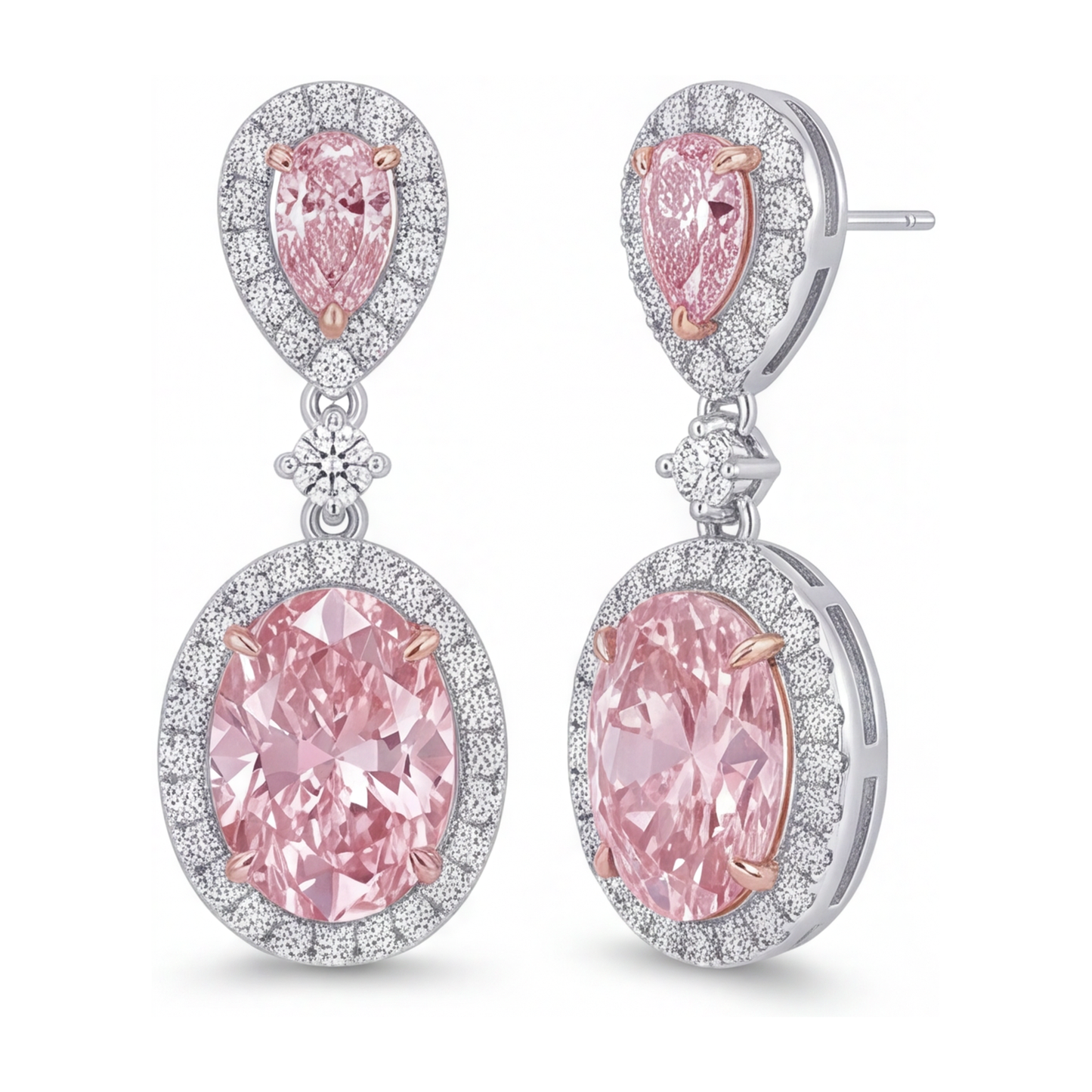 Ohrhänger mit rosa Diamanten, 4,5 Karat, im Labor gezüchtet, ovaler Halo, Birnenschliff-Oberteil, 14 Karat Weißgold