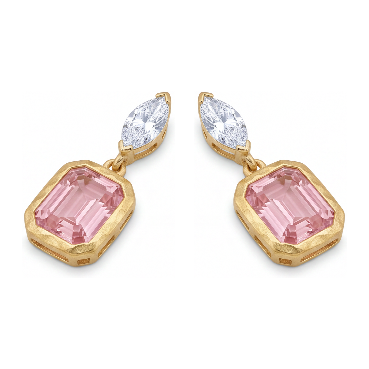 Ohrhänger mit rosa Diamanten, 4 Karat, im Labor gezüchtet, Smaragdschliff, Lünette, Marquise-Oberteile, 14 Karat Gelbgold