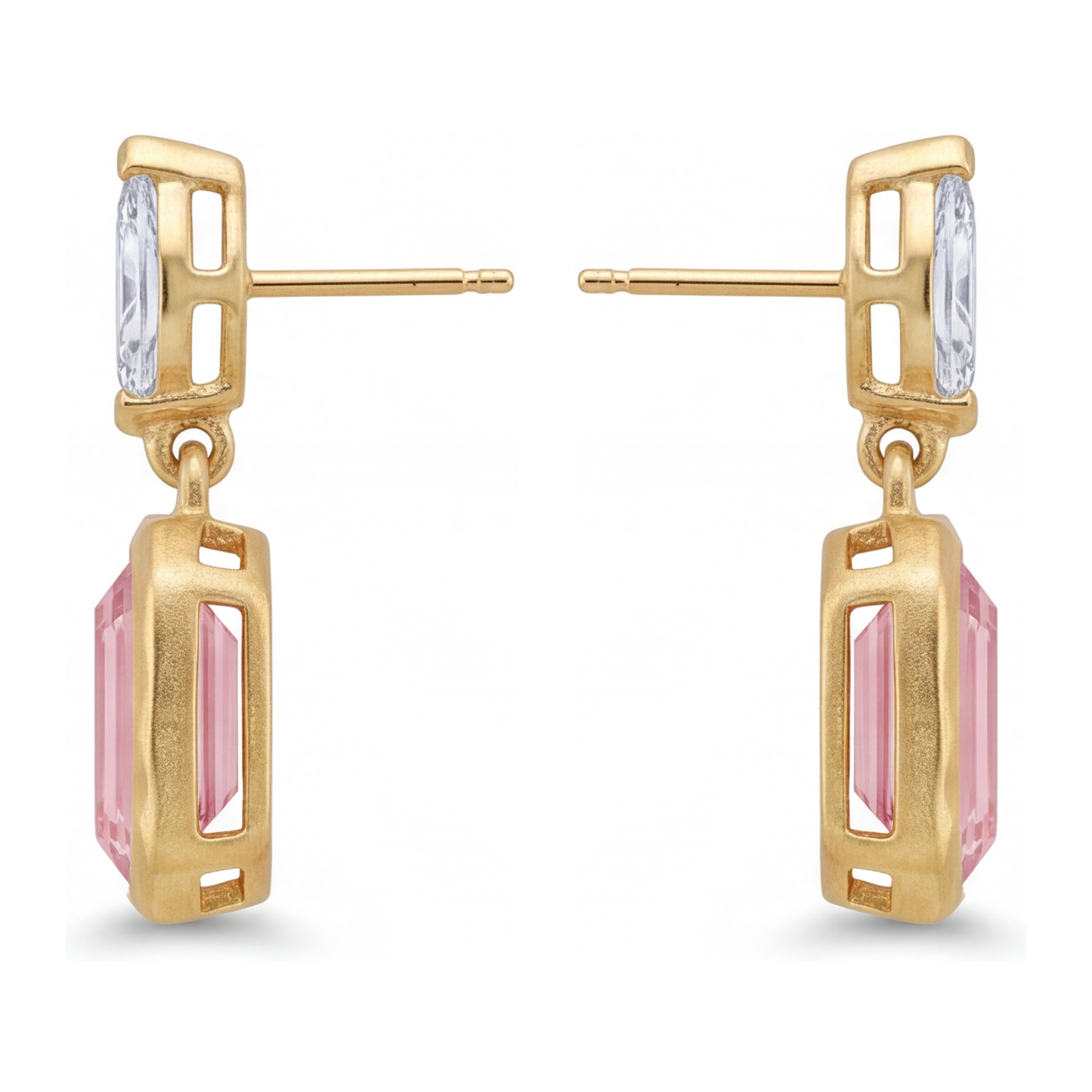 Ohrhänger mit rosa Diamanten, 4 Karat, im Labor gezüchtet, Smaragdschliff, Lünette, Marquise-Oberteile, 14 Karat Gelbgold