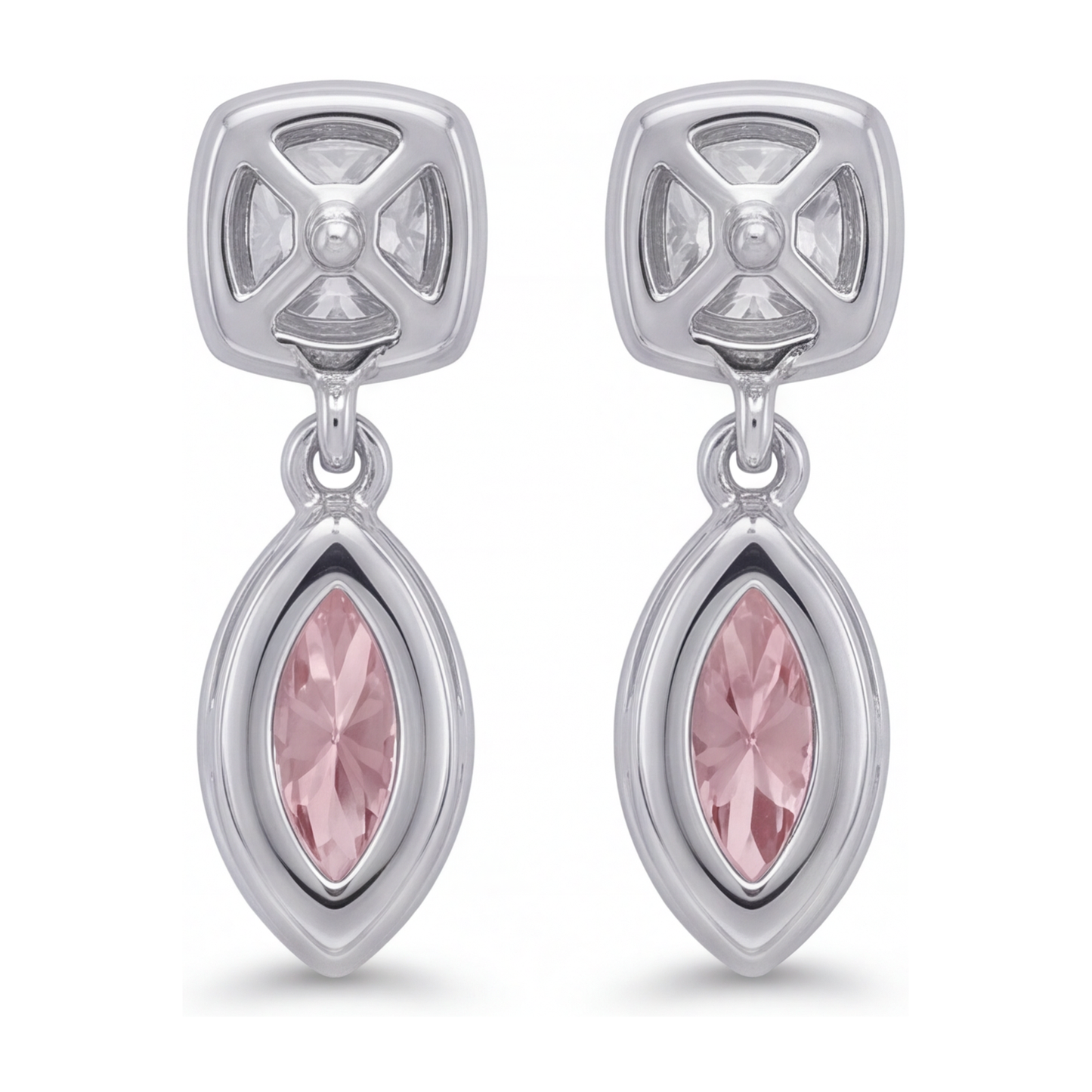 Ohrhänger mit rosa Diamanten, 4 Karat, im Labor gezüchtet, Marquise, Lünette, Kissen-Oberteile, 14 Karat Weißgold