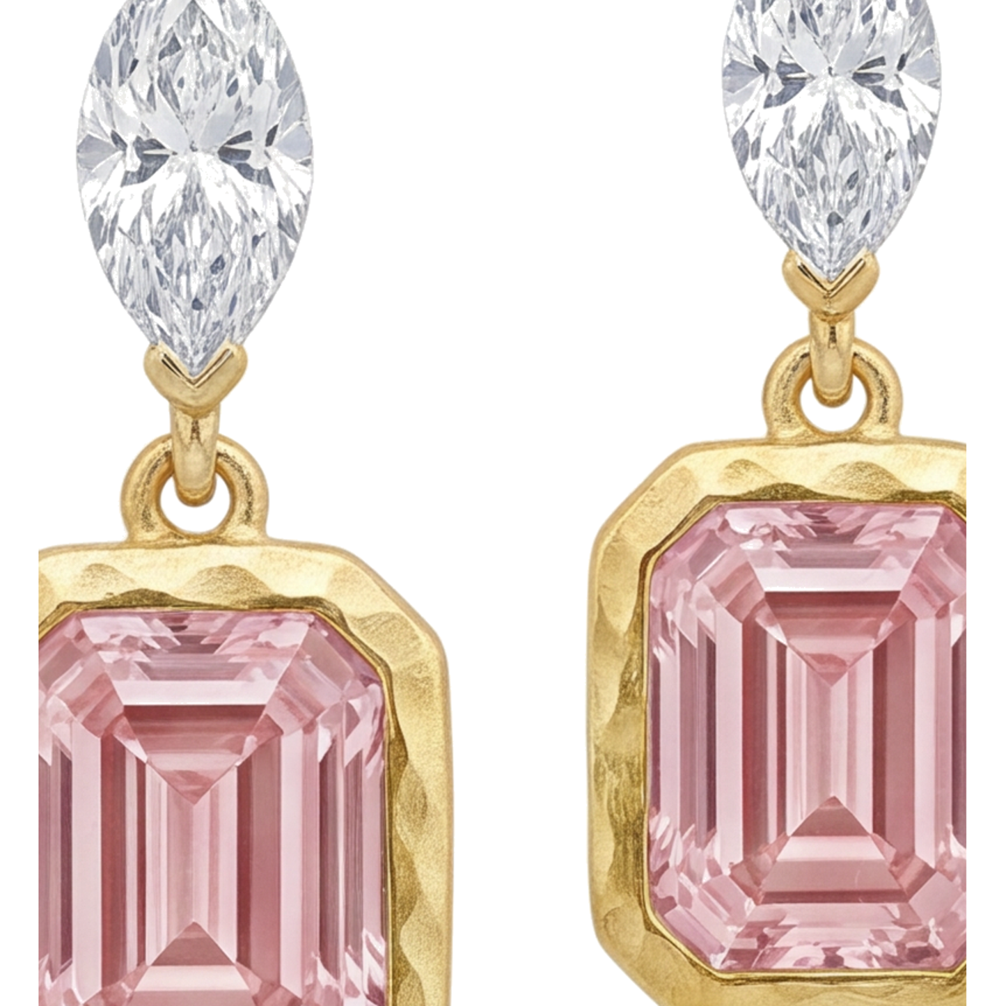 Ohrhänger mit rosa Diamanten, 4 Karat, im Labor gezüchtet, Smaragdschliff, Lünette, Marquise-Oberteile, 14 Karat Gelbgold