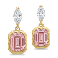 Ohrhänger mit rosa Diamanten, 4 Karat, im Labor gezüchtet, Smaragdschliff, Lünette, Marquise-Oberteile, 14 Karat Gelbgold