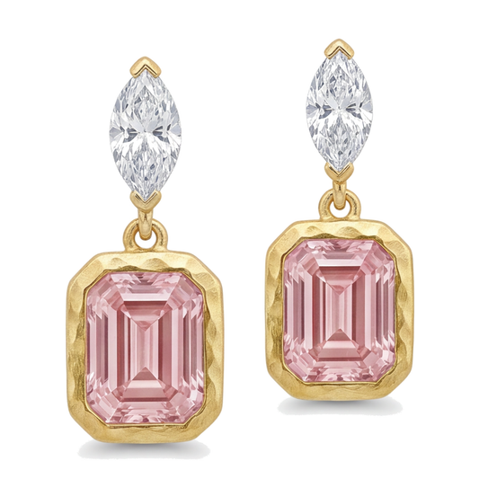Ohrhänger mit rosa Diamanten, 4 Karat, im Labor gezüchtet, Smaragdschliff, Lünette, Marquise-Oberteile, 14 Karat Gelbgold