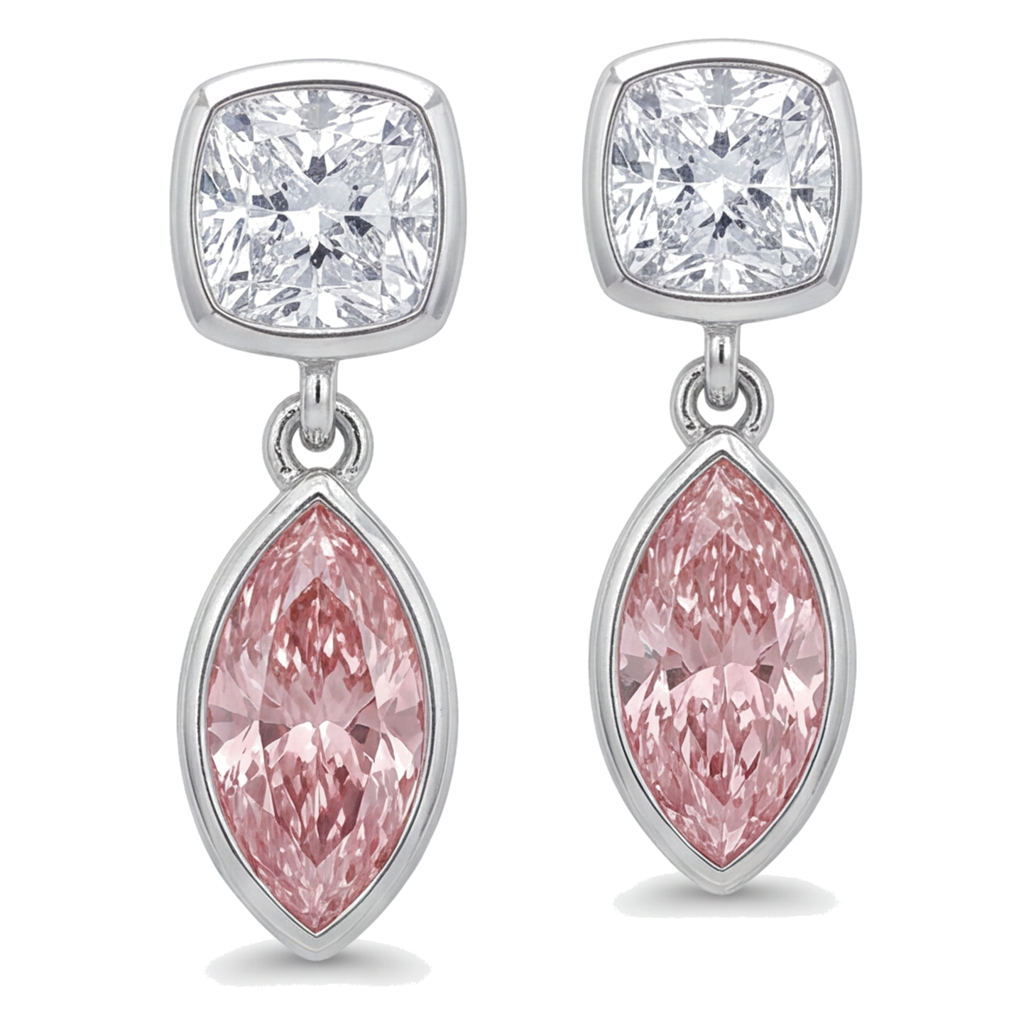 Ohrhänger mit rosa Diamanten, 4 Karat, im Labor gezüchtet, Marquise, Lünette, Kissen-Oberteile, 14 Karat Weißgold