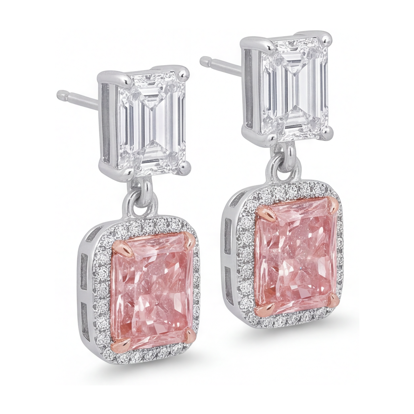 Tropfen-Ohrhänger mit im Labor gezüchteten rosa Diamanten, 5 Karat, Radiantschliff-Halo, Oberteile im Smaragdschliff, 14 Karat Weißgold