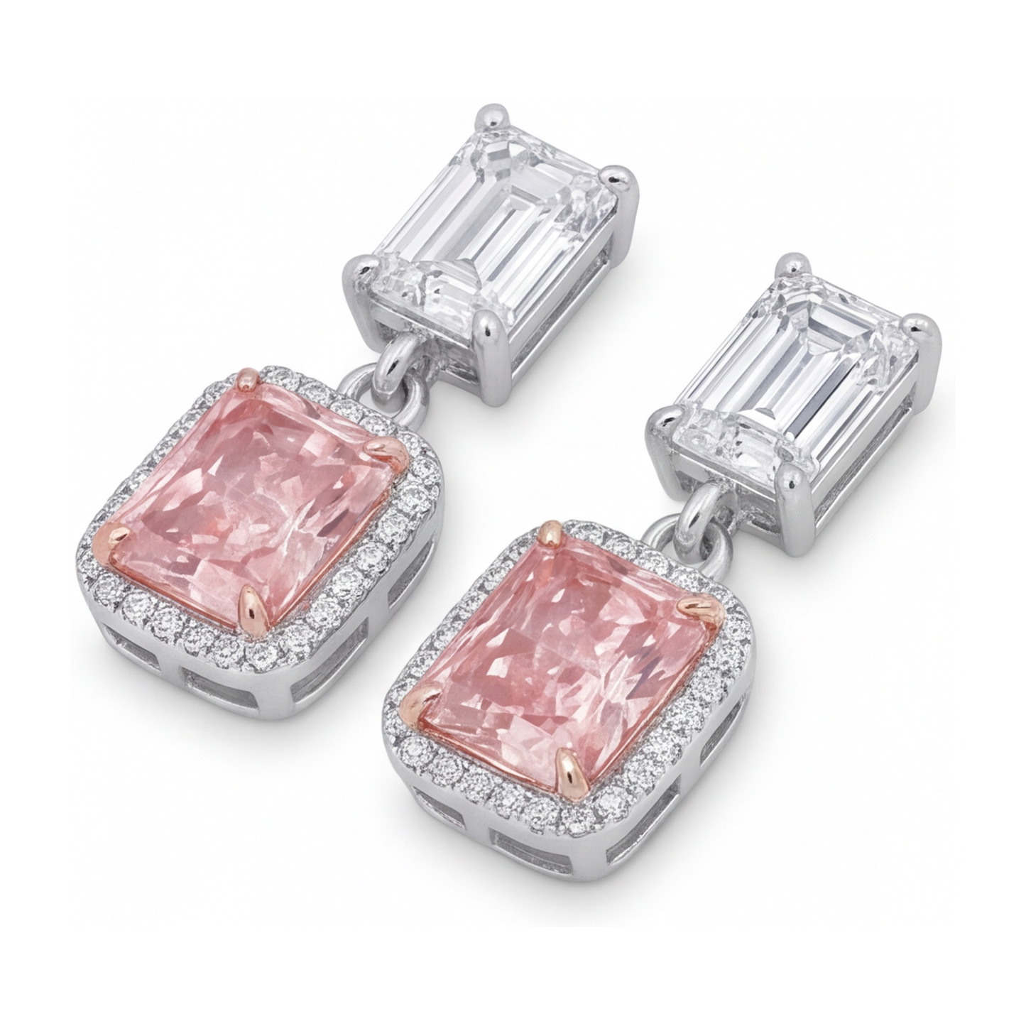Tropfen-Ohrhänger mit im Labor gezüchteten rosa Diamanten, 5 Karat, Radiantschliff-Halo, Oberteile im Smaragdschliff, 14 Karat Weißgold
