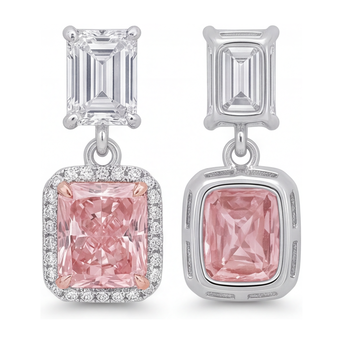 Tropfen-Ohrhänger mit im Labor gezüchteten rosa Diamanten, 5 Karat, Radiantschliff-Halo, Oberteile im Smaragdschliff, 14 Karat Weißgold