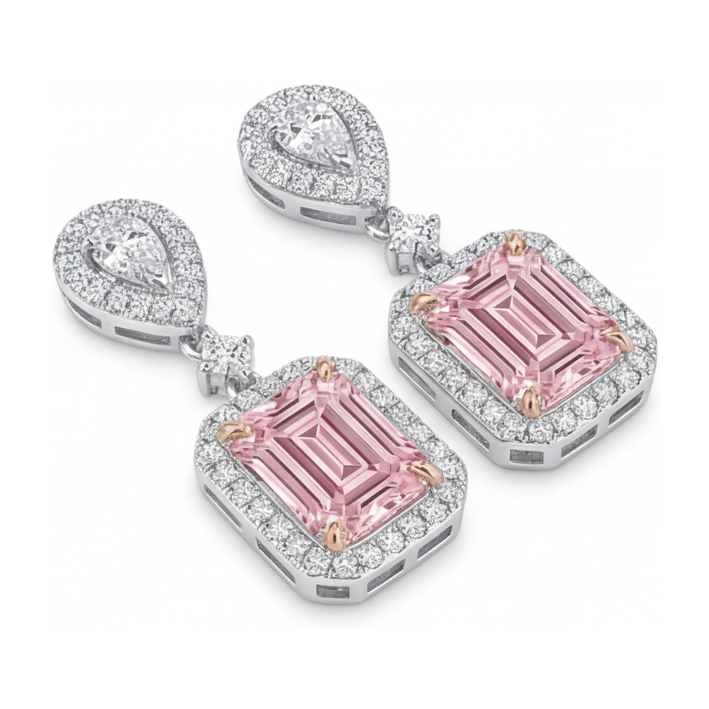 Tropfenohrringe mit rosa Diamanten 5 Karat im Labor gezüchtet Smaragdschliff Halo 14 Karat Weißgold