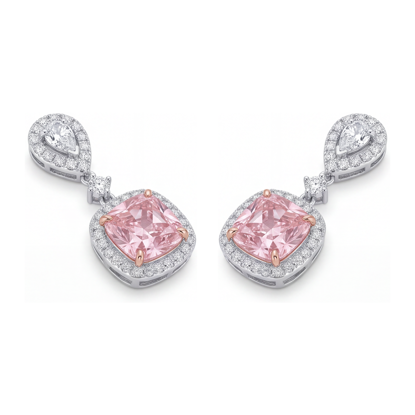 Tropfenohrringe mit rosa Diamanten, 5 Karat, im Labor gezüchtet, Kissen-Halo, Tropfenschliff-Oberteil, 14 Karat Weißgold